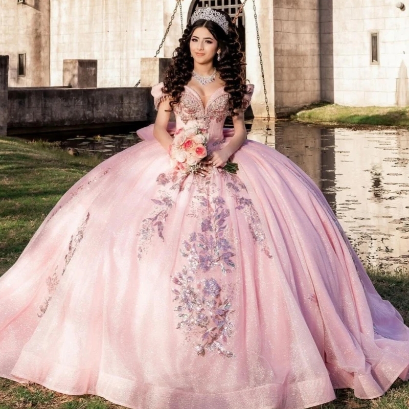 Pink Glitter Ball Gown Quinceanera Dresses Sequins Applique Lace Beading Crystal Bow Tull Sweet 16 Dress Vestidos De 15 Anos