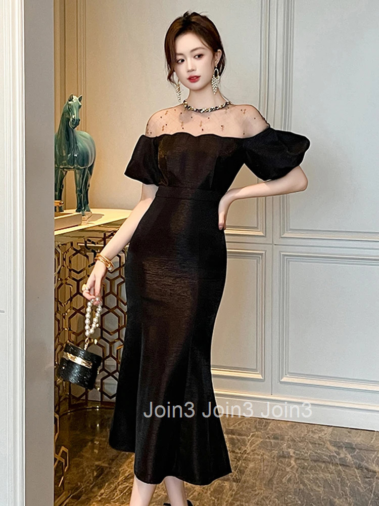 Elegant Luxury Formal Occasion Evening Dress Women Clothes Chic Mesh Sheer Sexy O-Neck Puff Sleeve Midi Robe Party Prom Vestidos