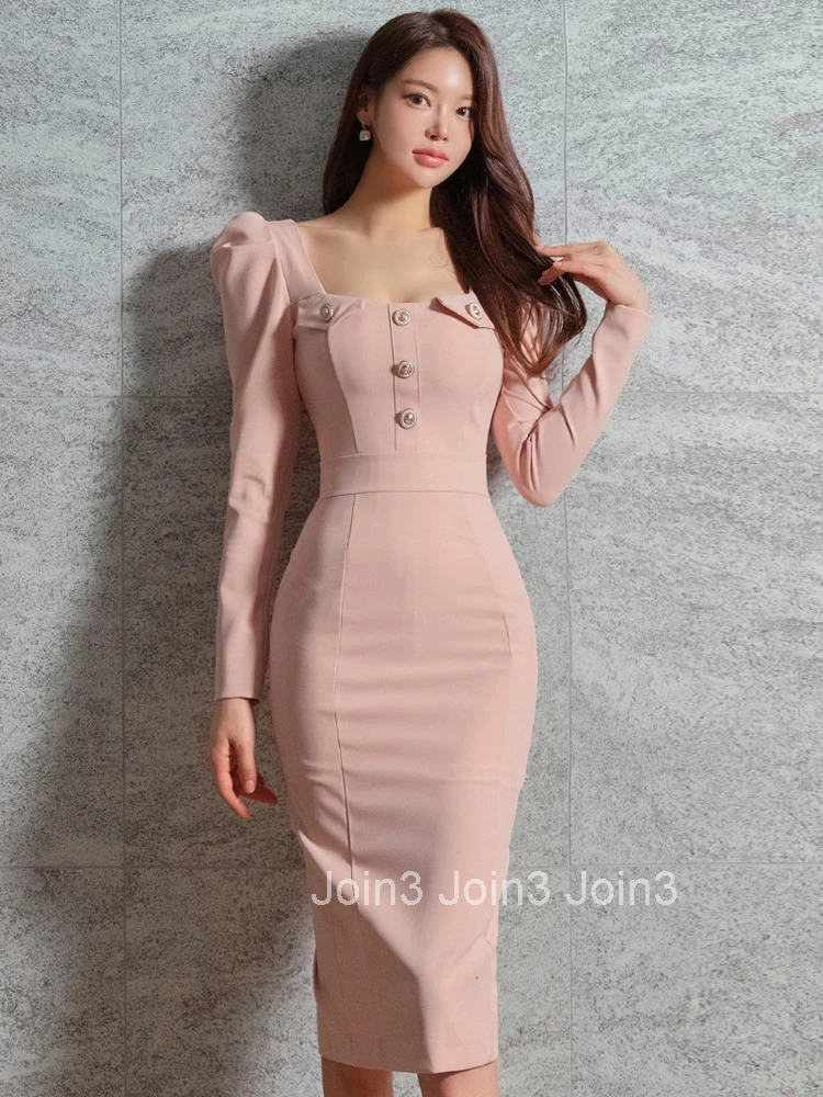 New Spring Autumn Fashion Work Style Formal Occasion Pencil Dress Women Clothes Elegant Office Square Collar Slim Midi Vestidos