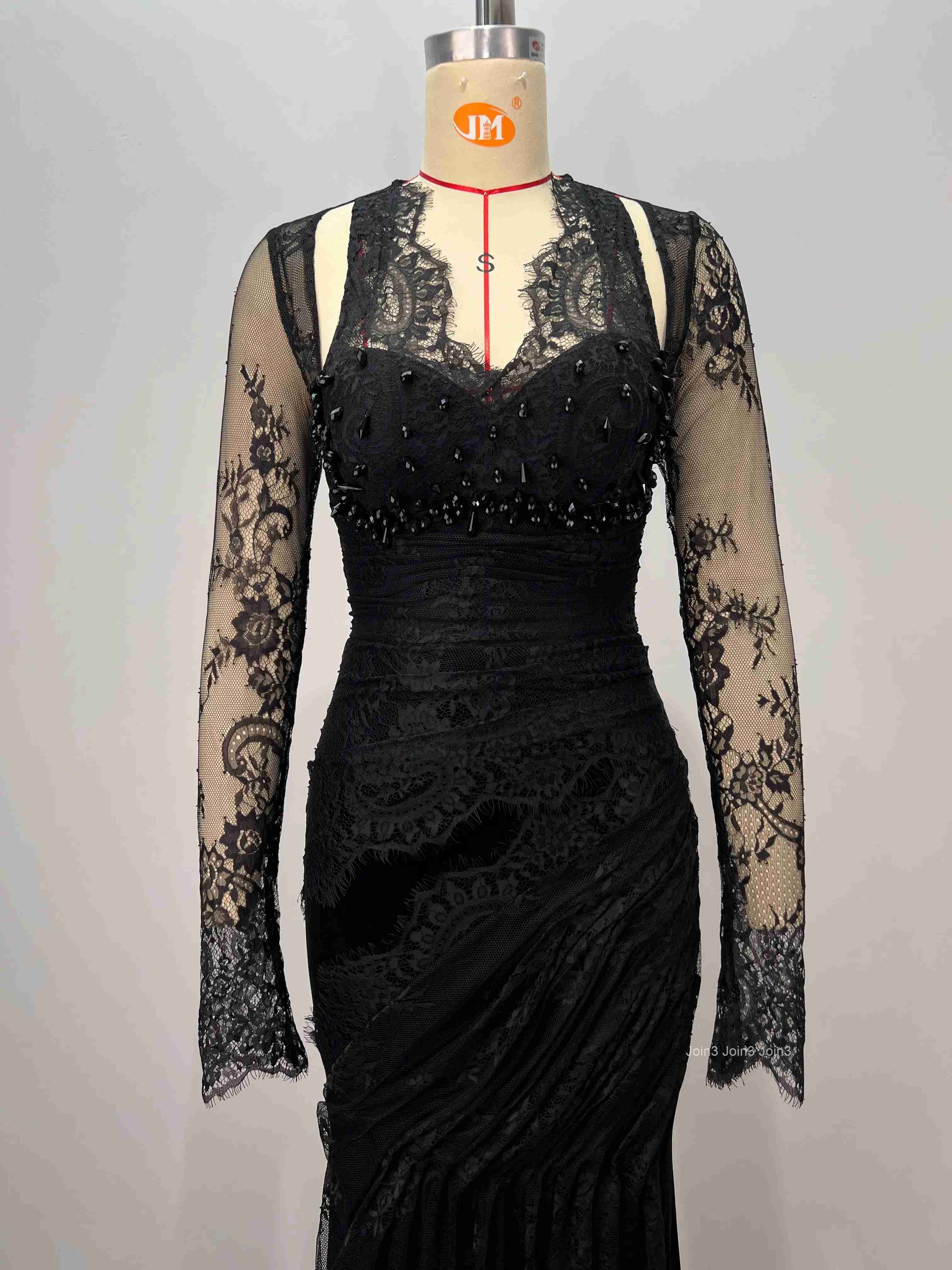 Bandage Dress Black Lace Long Sleeve Backless Mermaid Evening Gown Velvet Skirt Beaded Waist Formal Party Wear
