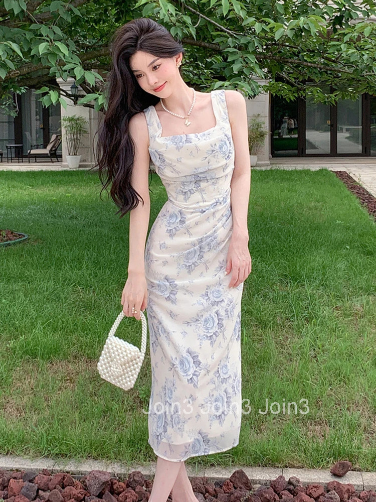 Summer Long One Piece Dress Women Vacation Clothes Elegant Pretty Sweet Print Tank Sleeveless Slim Midi Party Robe Mujer Vestido