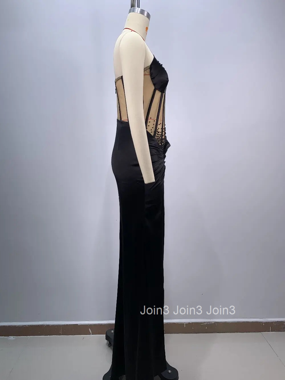 Chic Gauze Splicing Beading Slim Black Long Vestidos Sexy Single Shoulder Sleeveless Slit Pleated Dress For Women 72h Shipment