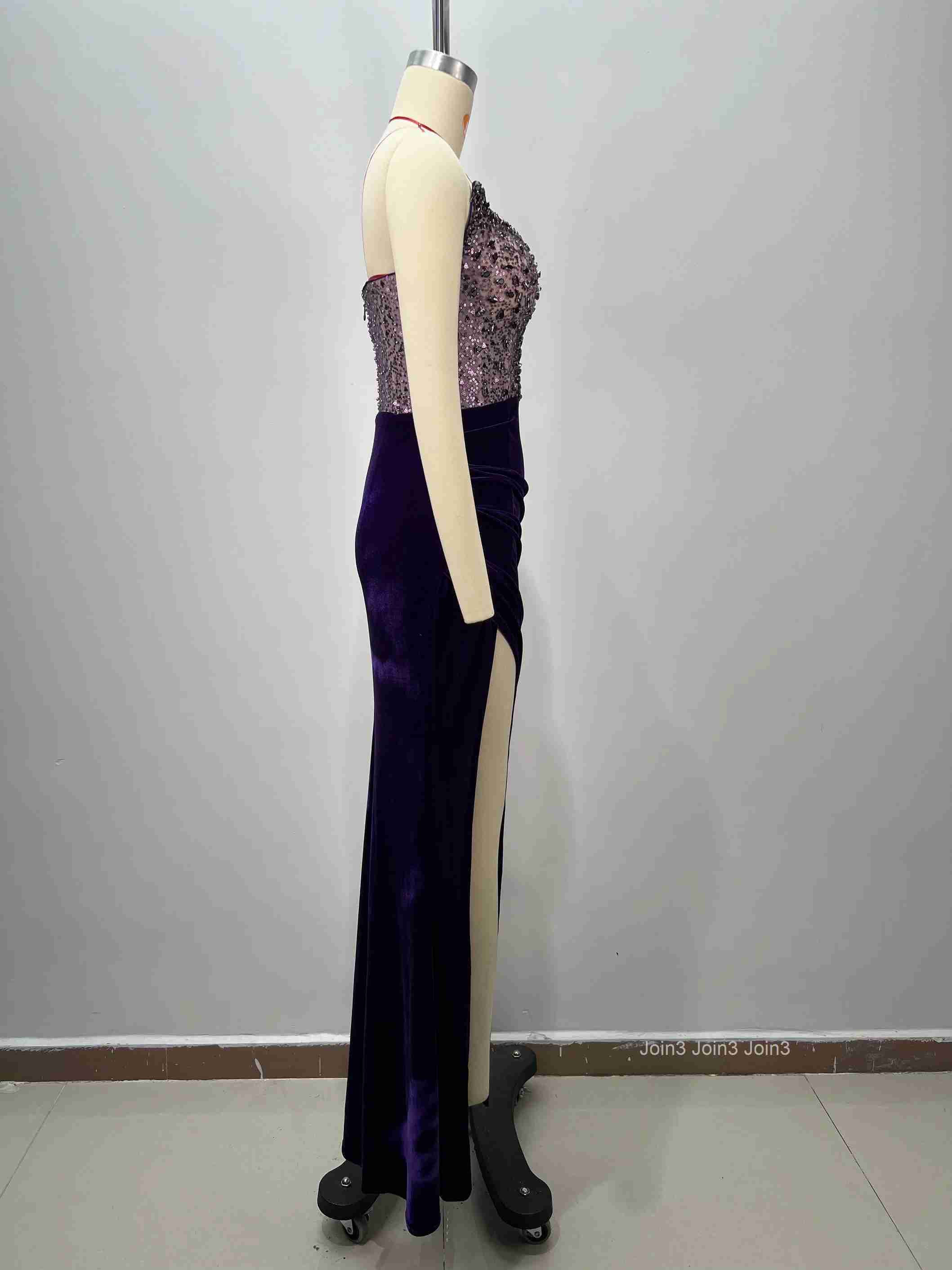 Womens Bandage Crystal Embellished Strapless Dress with High Slit Sexy Purple Evening Gown Prom Party Dress