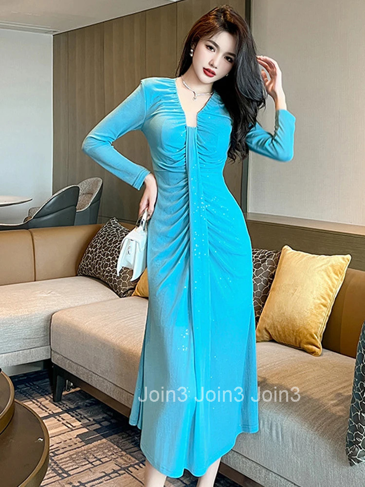 French Style Blue Sparkly Long Evening Dress Ladies Women Clothing Elegant V-Neck Slim Midi Party Prom Robe Femme Mujer Vestidos
