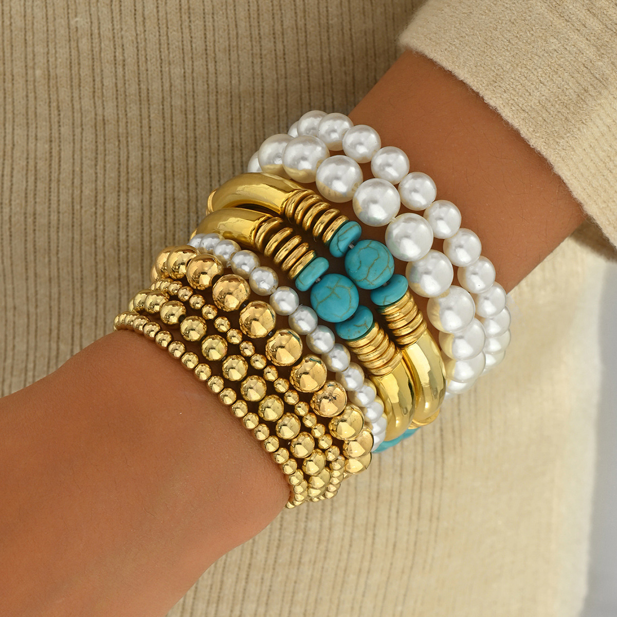 Wind for Women Handmade Woven Pearl Design Bracelet Multi-Piece Beaded Jewelry Set