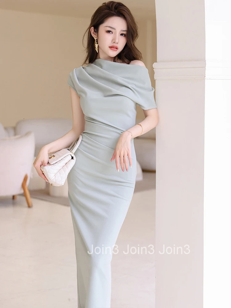 New Summer Elegant Women Evening Dress Chic Solid Sexy Diagonal Collar Folds Slim Midi Party Club Prom Robe Femme Mujer Vestidos