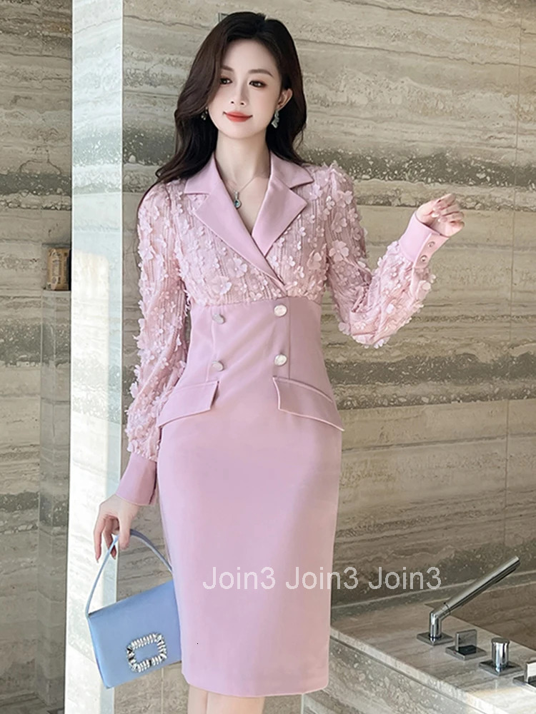 Autumn Work Style Formal Occasion Pencil Dress Women Clothes Commute Elegant Office Lady Floral Puff Sleeve Slim Midi Vestidos