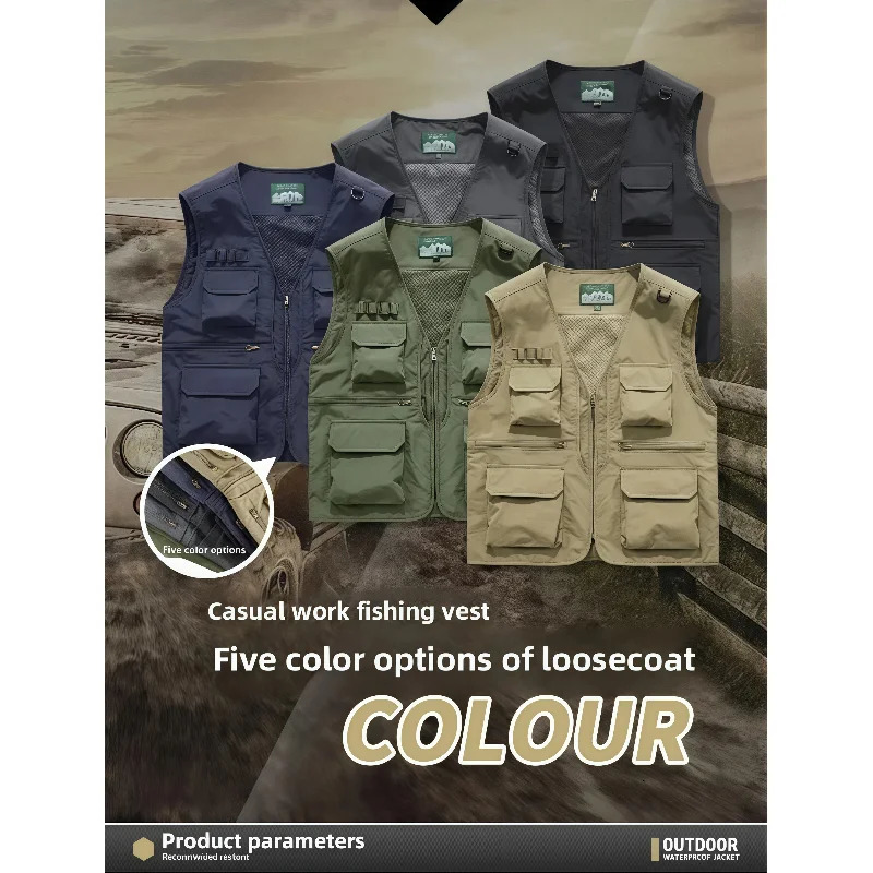 Spring and Summer Mens Casual Vest Lightweight Breathable Multi Pocket Workwear Sleeveless Jacket Outdoor Fishing Camping Vest 250617