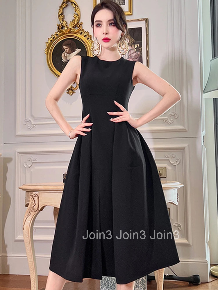 Black Elegant Women Evening Dress Temperament Simple O-Neck Sleeveless Slim Midi Party Club Prom Lady Robe Femme Mujer Vestidos