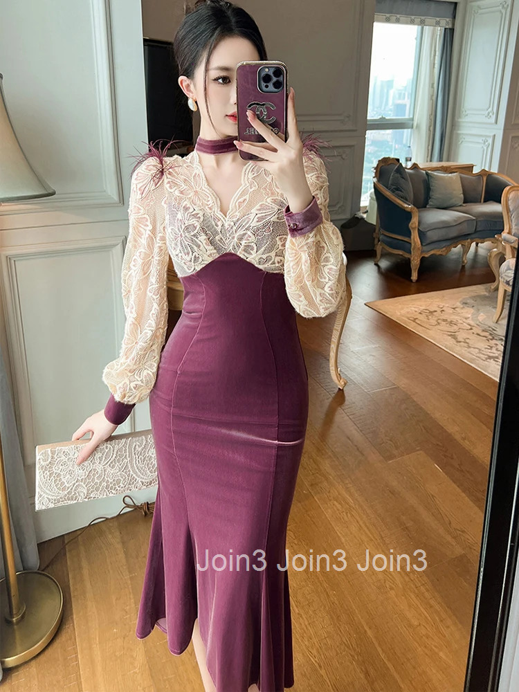 Fashion Ladies Sweet Long Evening Dresses Women Clothes Elegant Vintage Puff Sleeve Skinny Party Gown Dress Robe Vestidos Fiesta