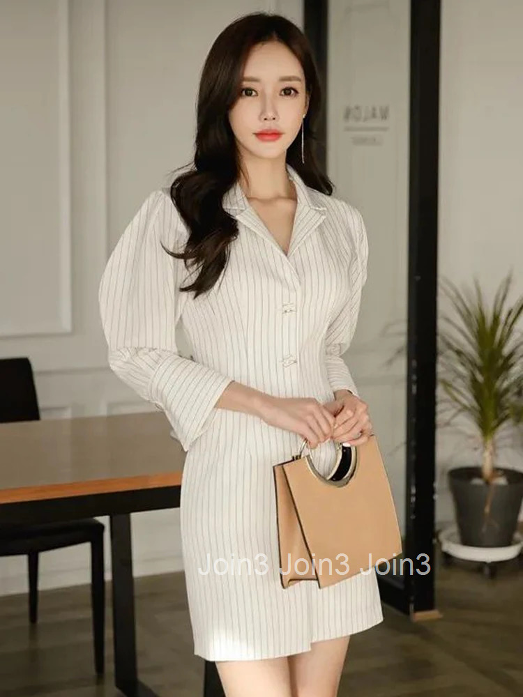 Fashion Lady Work Style Formal Pencil Dress Women Clothes Elegant Office Vintage Striped Puff Sleeve Slim Mini Short Vestidos