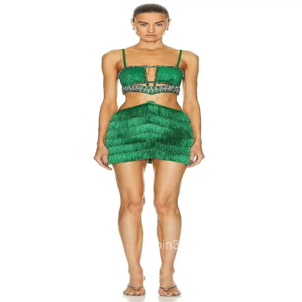 Womens Sexy Hollow Metal Loop Splicing Sling Mini Bandage Dress Spring Rhinestone Gown Cascading Design New Fashion Clothing