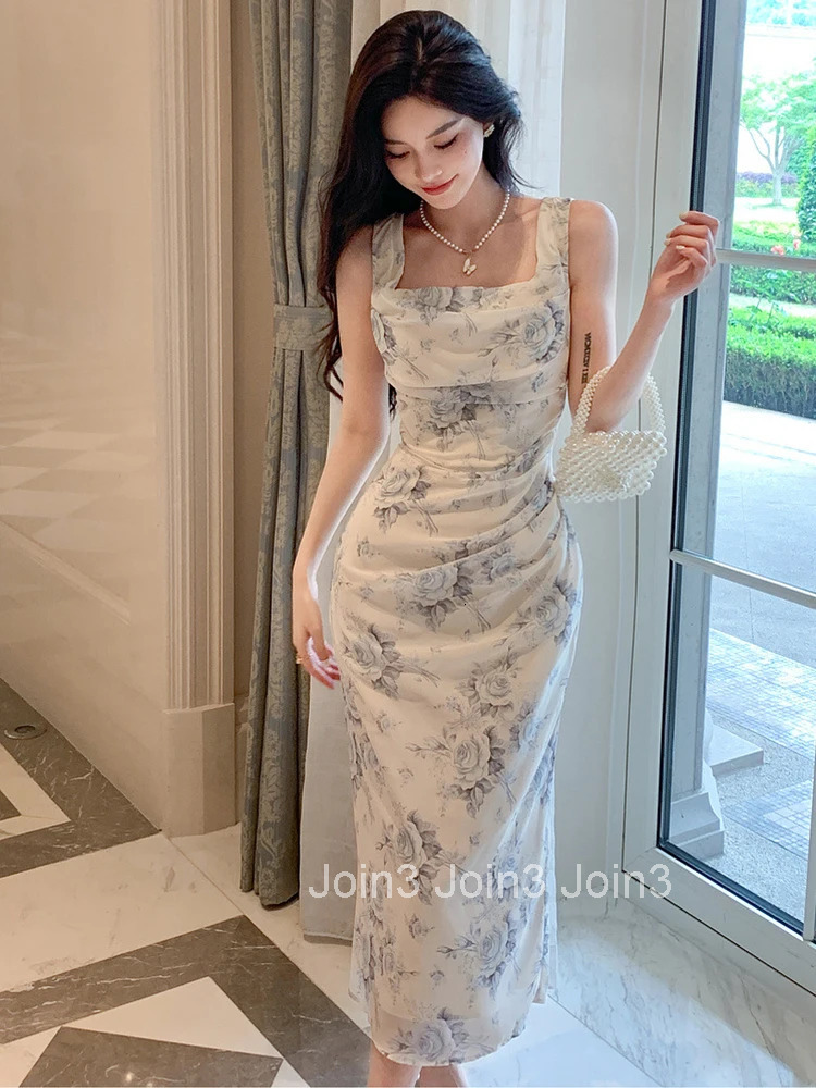 Summer Long One Piece Dress Women Vacation Clothes Elegant Pretty Sweet Print Tank Sleeveless Slim Midi Party Robe Mujer Vestido