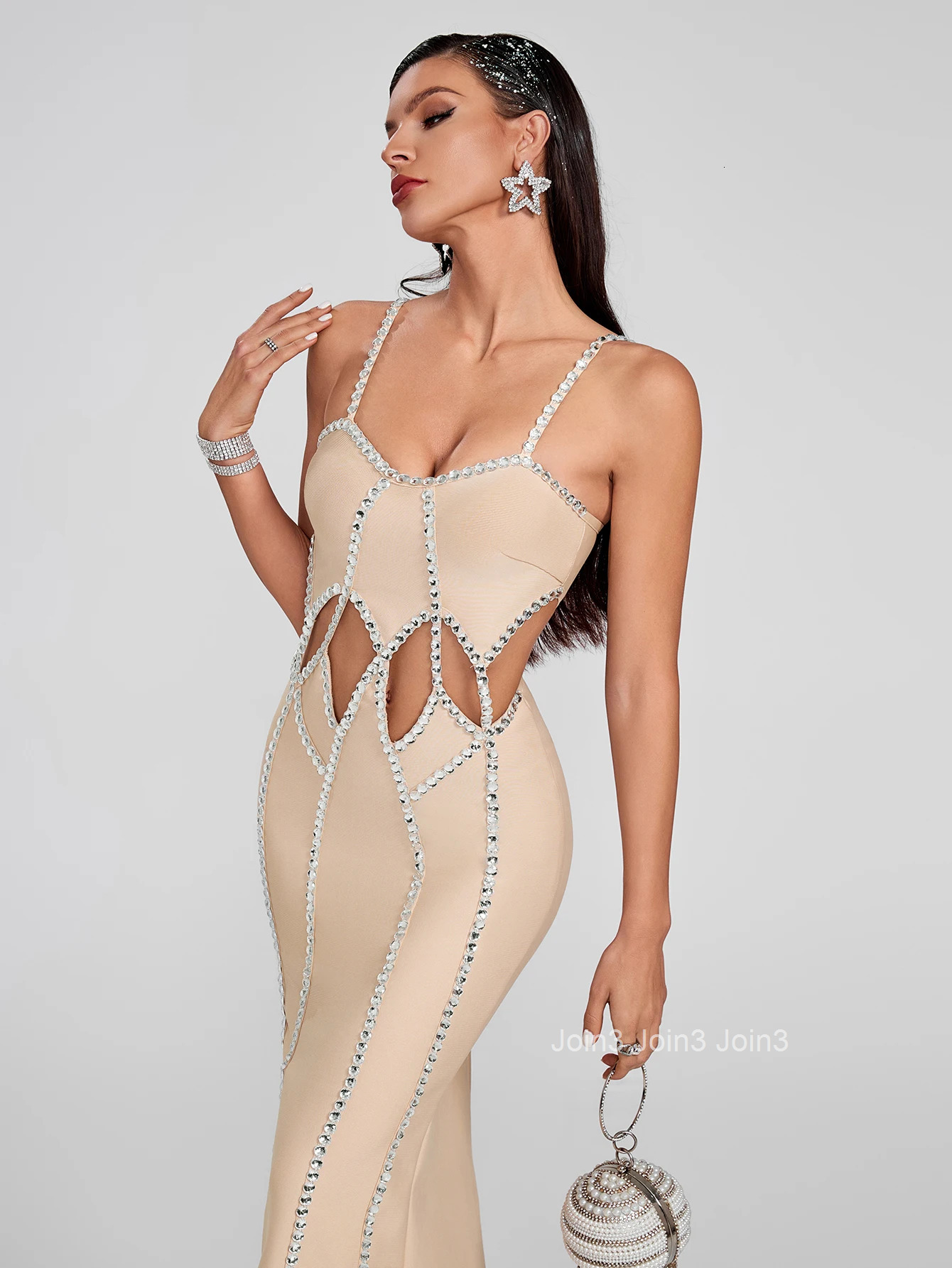 Chic New Womens Clothing Fashion Diamonds Embelling Sling Long Skirt Sexy Hollow Backless Knitting Evening Dinner Bandage Dress