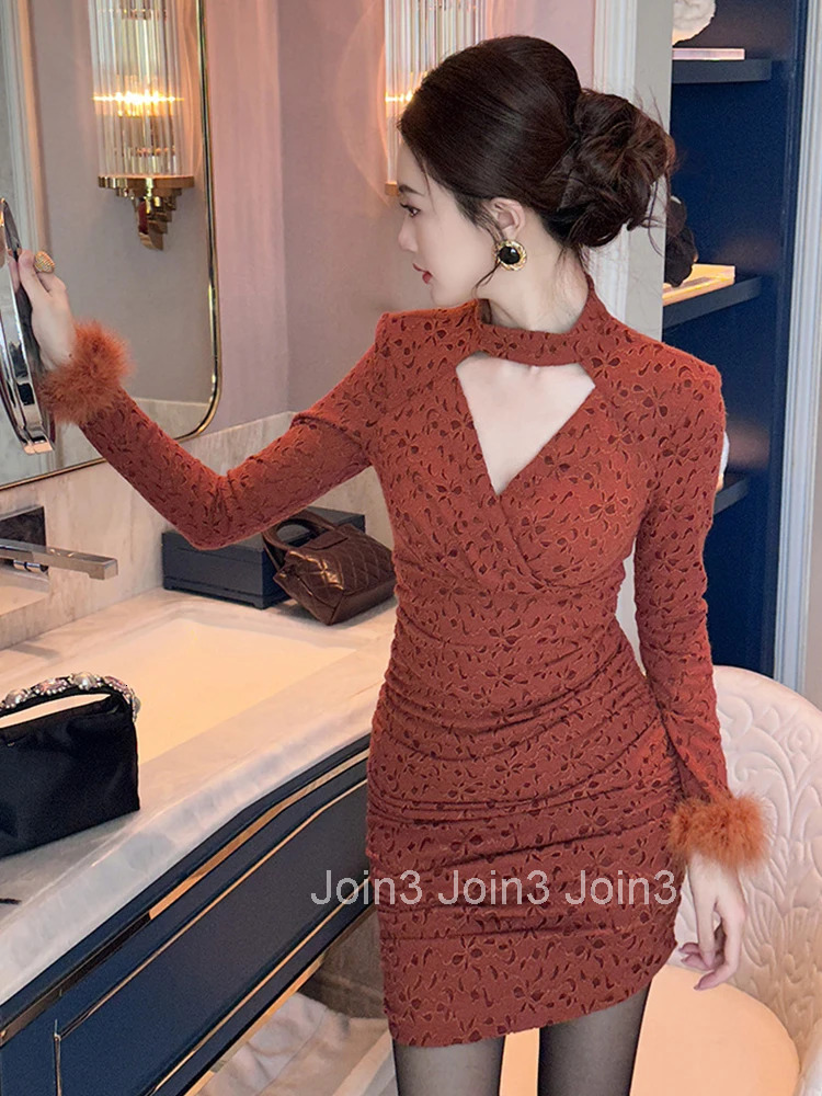 Women Clothes Retro Lace Floral Hollow Sexy Stand Neck Folds Skinny Mini Short Dress Elegant Party Vestidos Casual Autumn Winter