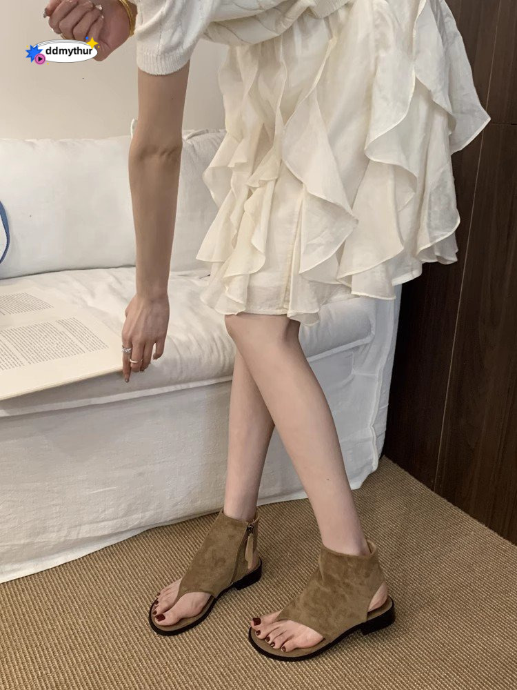 2025 Spring and Autumn New Korean Style Toe Post Sandals Genuine Leather Versatile Low Heel Short Ankle Boots Fashionable Single Shoes for Women ddmyt