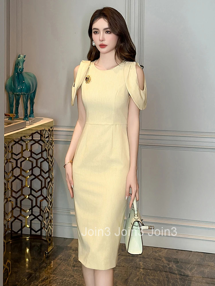 Summer Classic Elegant O-Neck Business Formal Occasion Dress Women Clothes Commute Sexy Hollow Short Sleeve Slim Pencil Vestidos