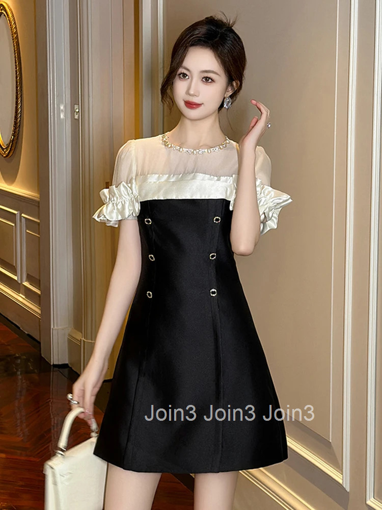 Summer Fashion Elegant Formal Occasion Evening Dress Women Clothes Retro Sheer Sexy O-Neck Puff Sleeve Slim Short A-Line Vestido