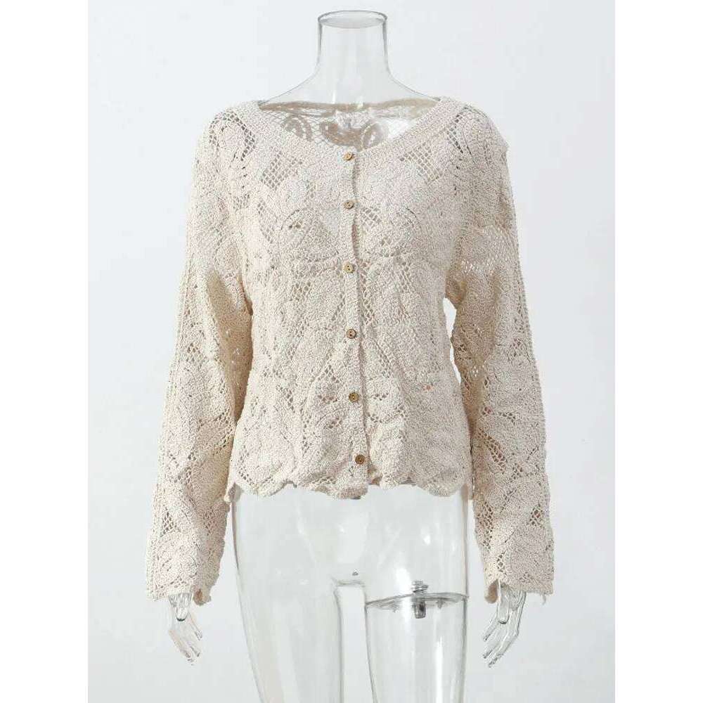 Elegant Beige Casual Hollow Out Shirts Women's Vintage Hook Floral Lace Long Sleeve Button Blouse French Tops Blouses Clothes