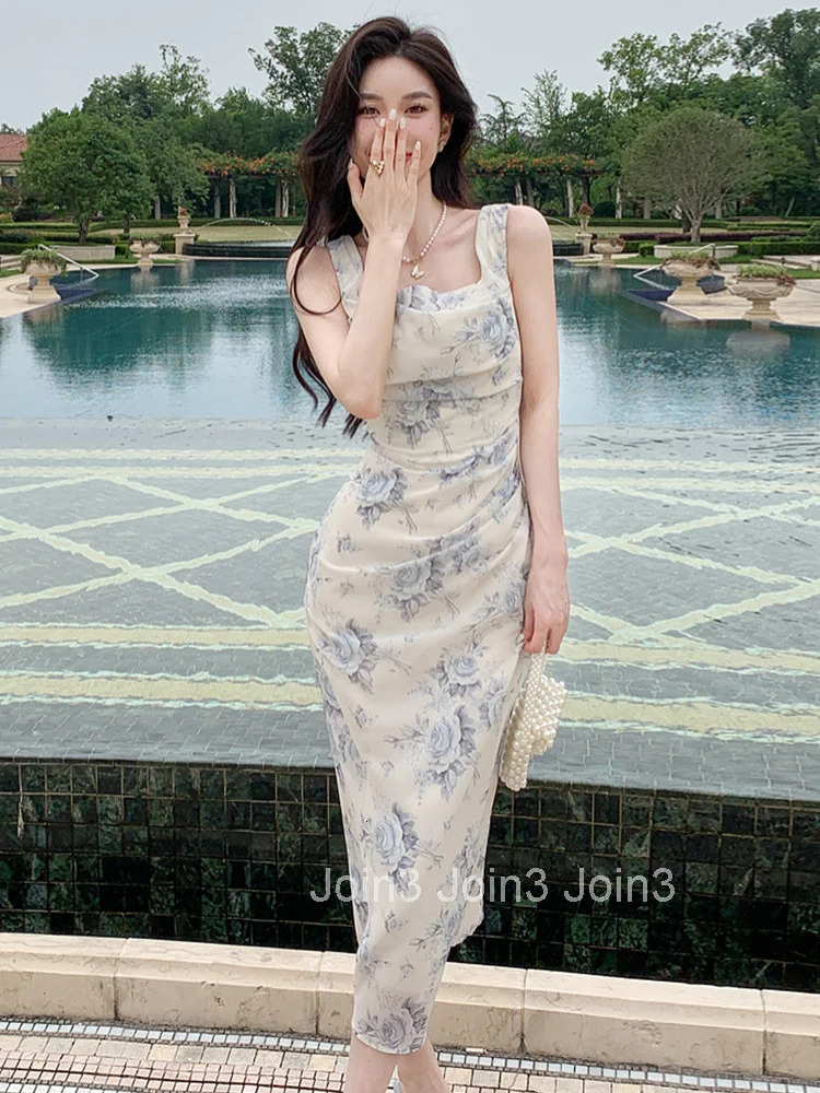 Summer Long One Piece Dress Women Vacation Clothes Elegant Pretty Sweet Print Tank Sleeveless Slim Midi Party Robe Mujer Vestido