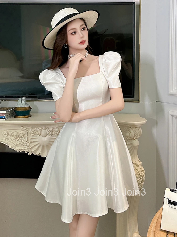 Summer Elegant Black Simple Gown Evening Dress Women Clothes Retro Puff Sleeve Slim A-Line Short Party Club Prom Vestidos Fiesta