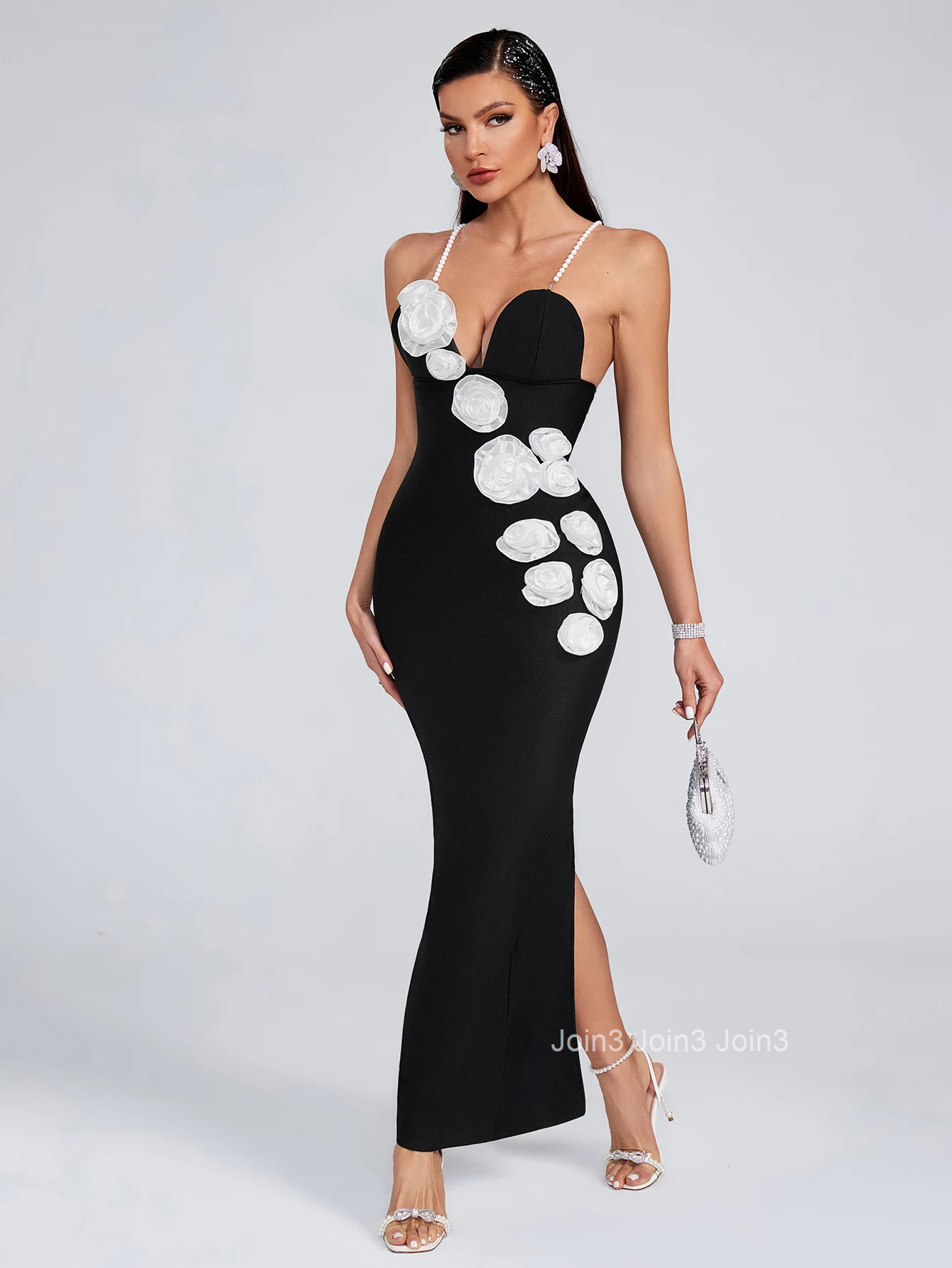 Chic Bandage Dress For Women Fashion Three-dimensional Flower Decoration Vestidos Sexy Deep V-neck Backless Cocktail Pary Wear