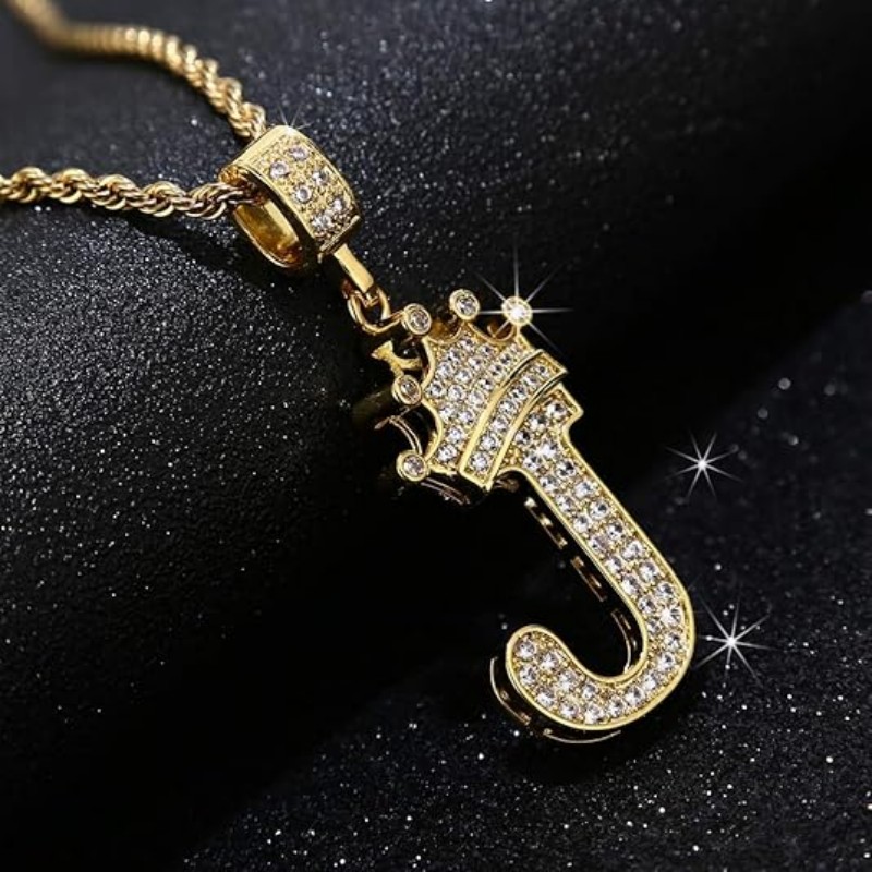 A-ZLetters Necklace Crown Necklace for Men Women 18K Gold Plated Letters Pendants with 23'' Chain Hip Hop Alphabet Name Jewelry Mom Gifts