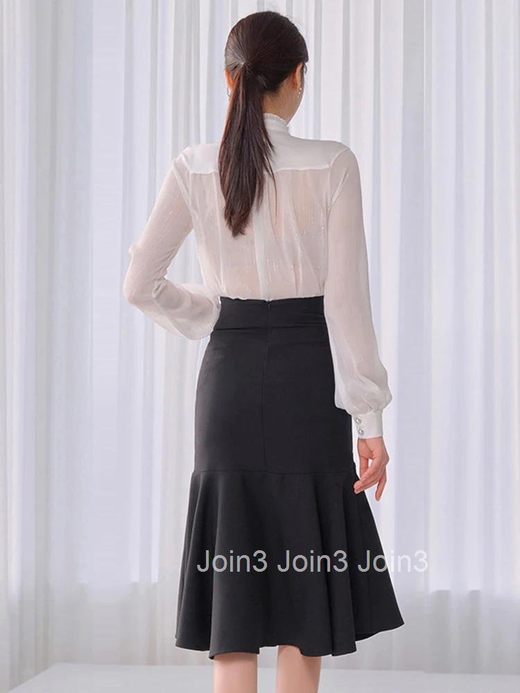 New Korean Fashion Spring Autumn 2 Pieces Outfits Elegant Women White Sparkly Bright Silk Tops Shirt Blouse Midi Skirt Mujer Set
