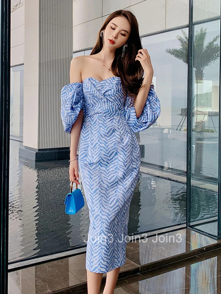 Fashion Vintage Off-Shoulder Lantern Sleeve Midi Mini Party Club Dress Ladies Elegant Robe Casual Stripe Strapless Split Dress