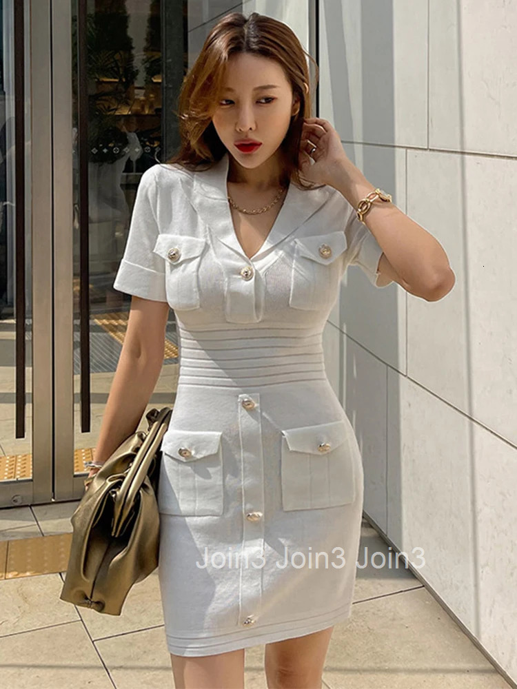 Korean Elegant Women Dress Summer White Knit Casual Stretchy V-Neck Pocket Skinny Bodycon Slim Mini Lady Femme Mujer Vestidos