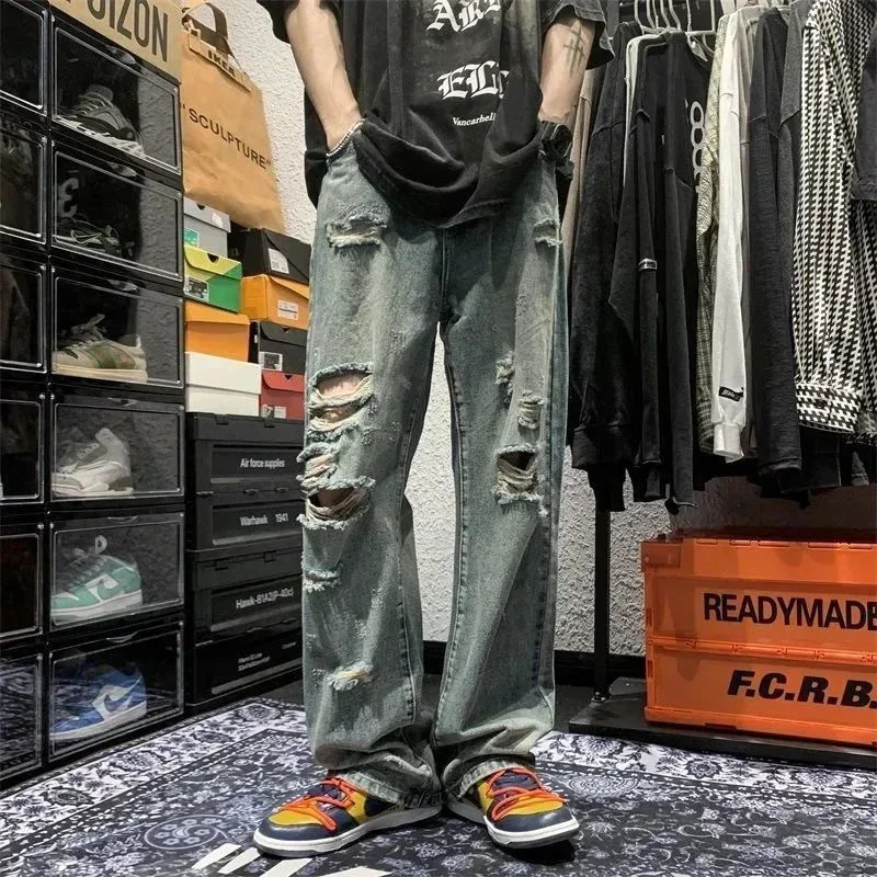Trousers Torn with Holes Mens Jeans Broken Man Cowboy Pants Wide Leg Ripped Straight Hip Hop Y 2k Vintage Washed Y2k Stylish Xs 250617