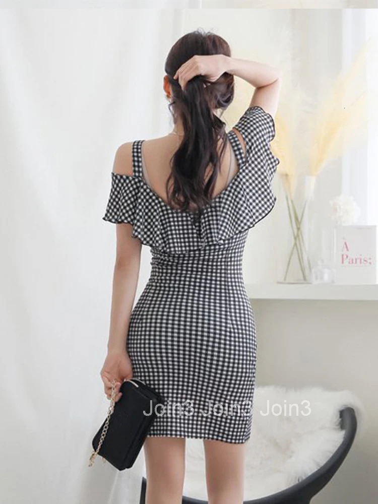Korean Fashion Summer Elegant Women Evening Dress Mujer Chic Vintage Plaid Sexy Off-Shoulder Slim Midi Party Club Prom Vestidos