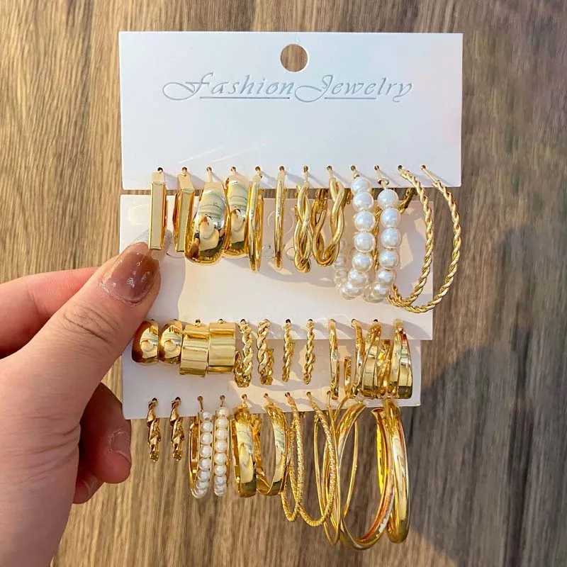 Vintage Gold Color Pearl Twist Hoop Earrings Set for Women Fashion Metal Geometric Hollow Butterfly Earrings Jewelry Gifts 2023 XJ250623