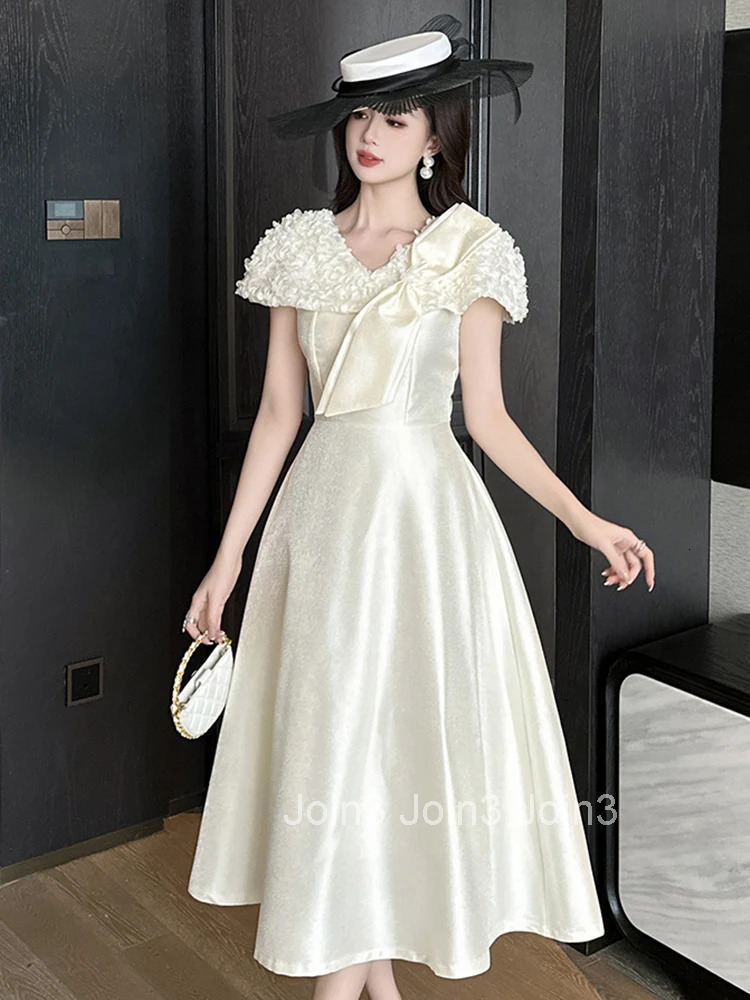 Summer French Fashion Sweet Bow Gown Evening Dress Women Clothes Elegant Floral V-Neck Slim A-Line Midi Robe Party Prom Vestidos