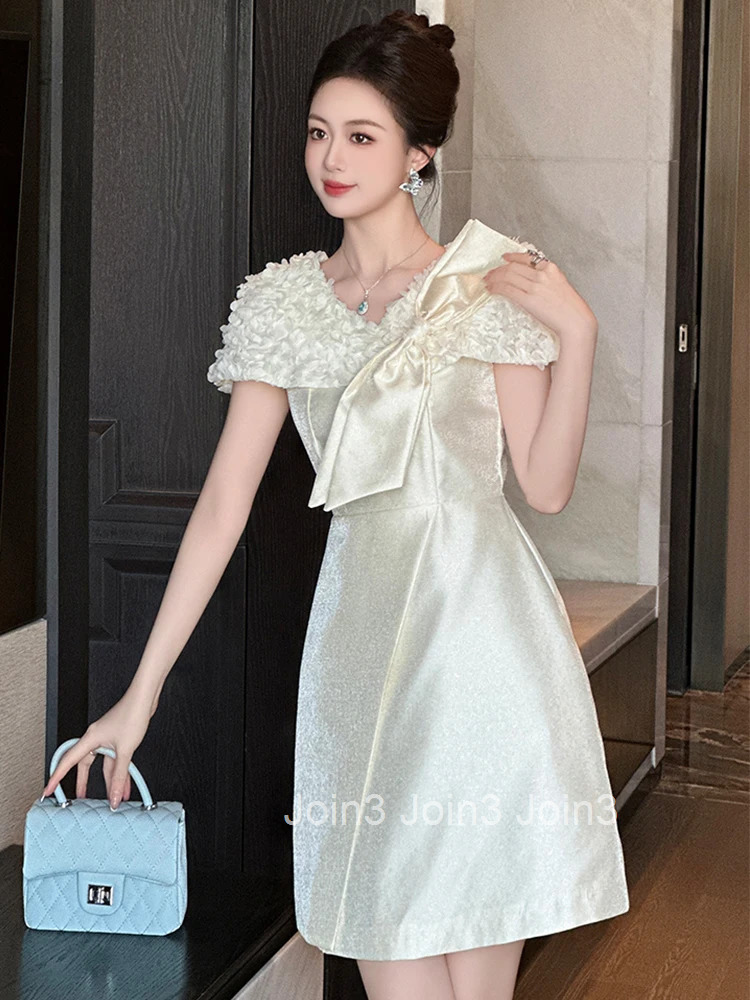 New Summer French Fashion Sweet Bow Gown Evening Dress Women Clothes Elegant V-Neck Slim A-Line Mini Short Party Prom Vestidos