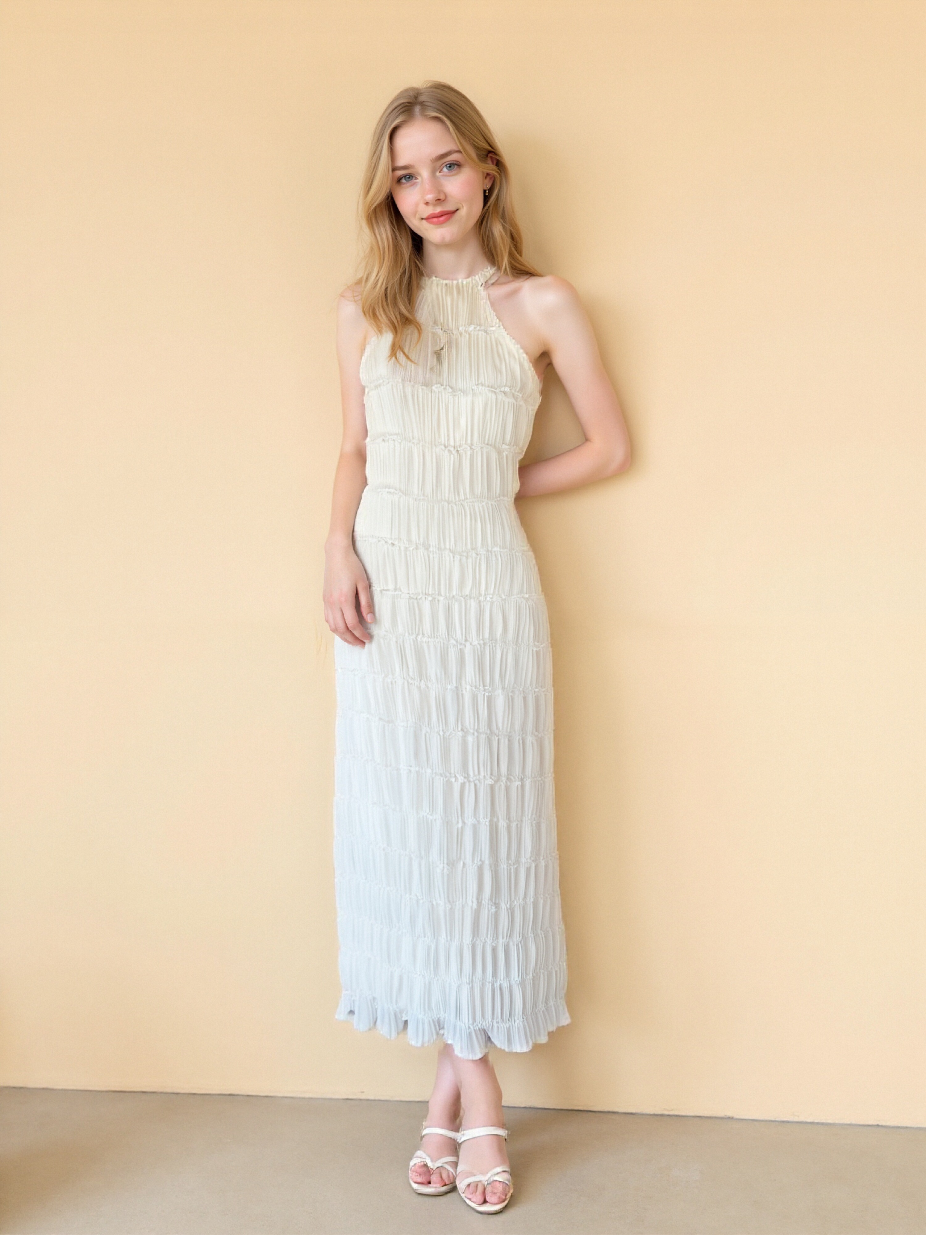 Elegant White Halter Maxi Dress, Layered Ruffle Detail for Women