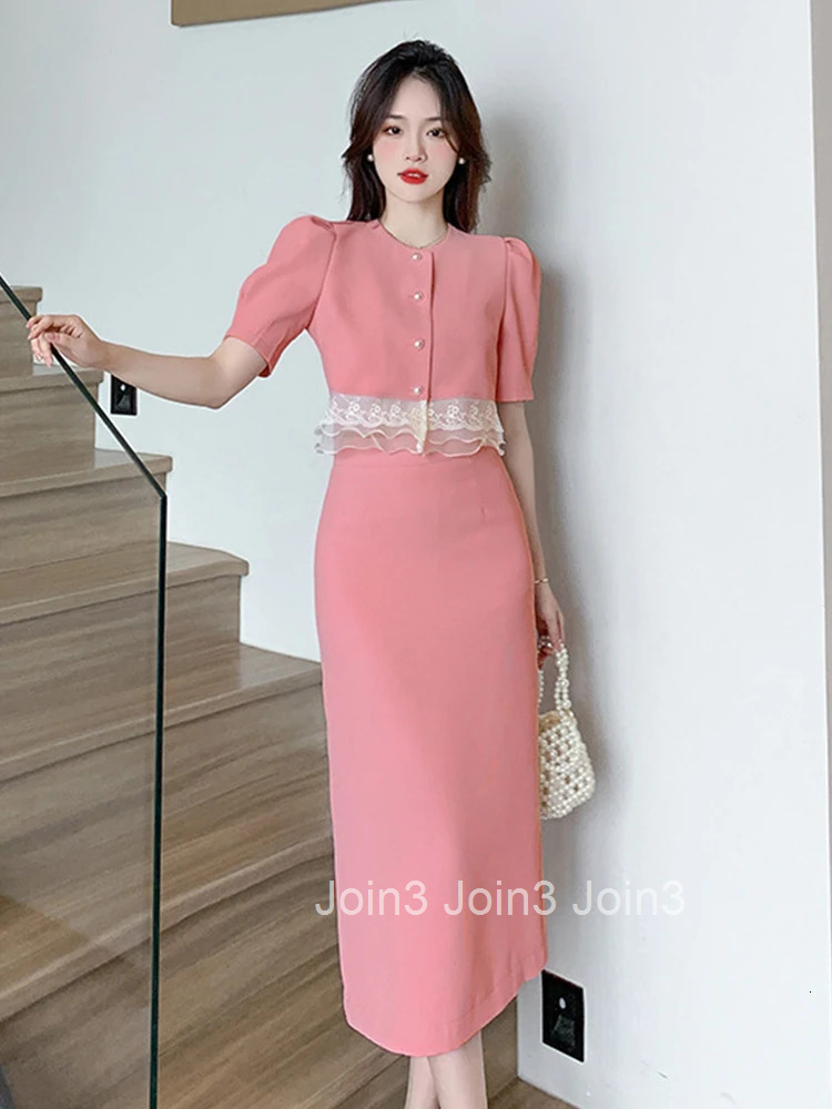 Fashion Summer Formal 2 Pieces Outfits Elegant Women Short Sleeve Cropped Tops Shirt Blouse High Waist Midi Skirt Mujer Slim Set