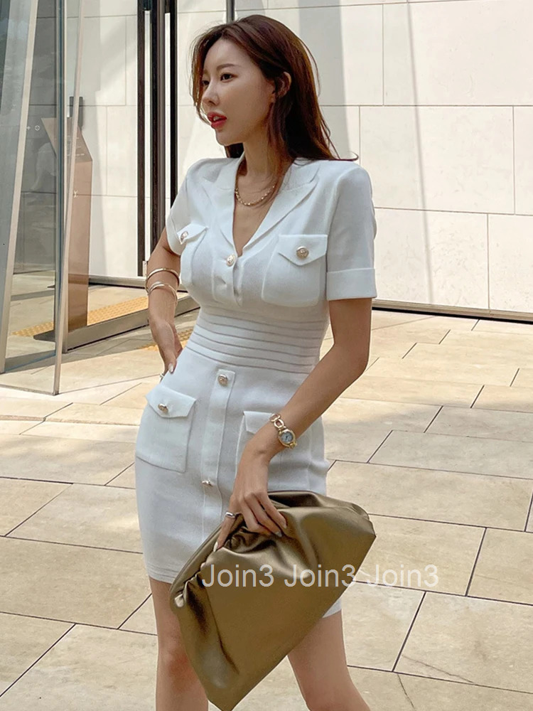 Korean Elegant Women Dress Summer White Knit Casual Stretchy V-Neck Pocket Skinny Bodycon Slim Mini Lady Femme Mujer Vestidos