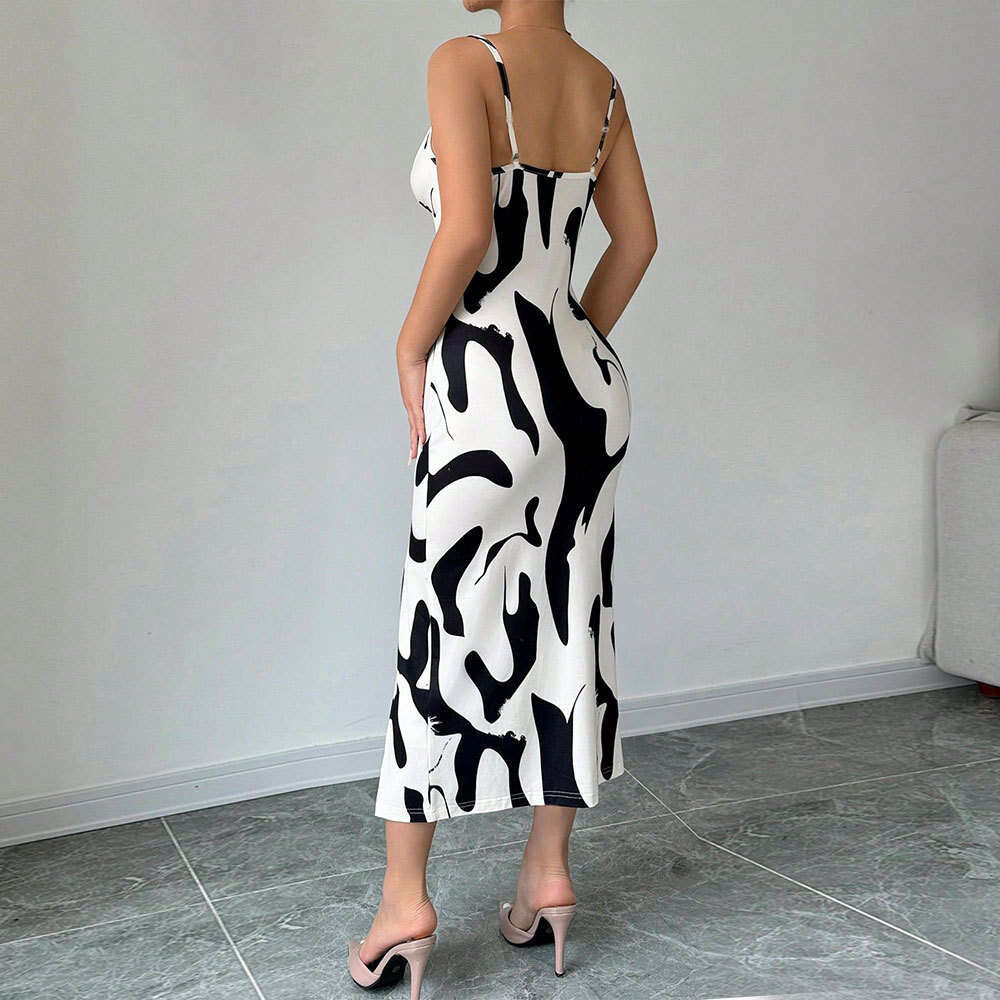 Foreign Trade Women's Clothing 2025 Spring Summer New Style Mature Intellectual Cow Print Strap Midi Dress