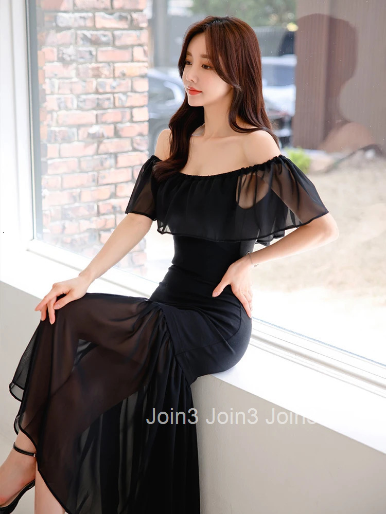 Fashion Lady Black Vacation Evening Dress Women Clothes Elegant Ruffle Sexy Off-Shoulder Slim Long Maxi Party Prom Vestidos Robe