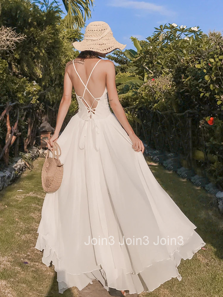 Women Vacation Clothes White Chiffon Sexy Sling Backless Slim Maxi Long Dress Elegant Fashion Party Prom Vestidos Robe Beach New