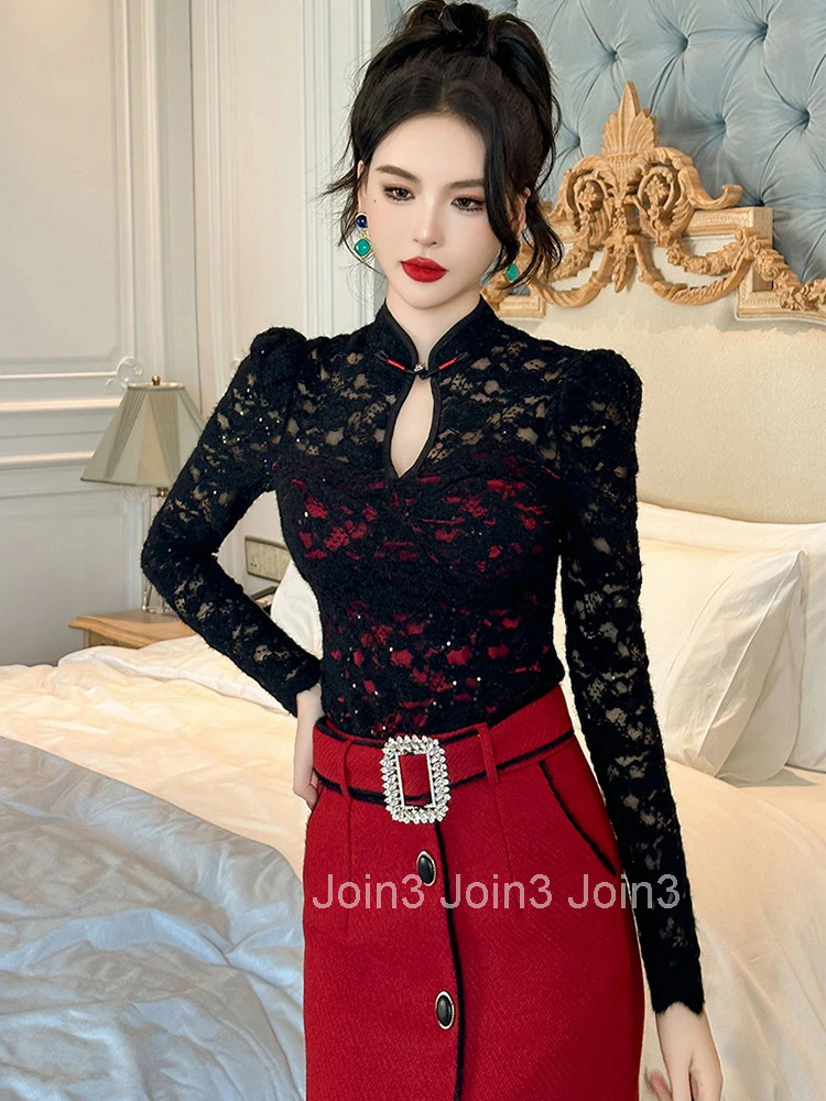 Fashion Spring Black Lace Sequin T-Shirt Women Clothing Elegant Chic Blouse Hollow Sheer Sexy Long Sleeve Female Inner-Match Top