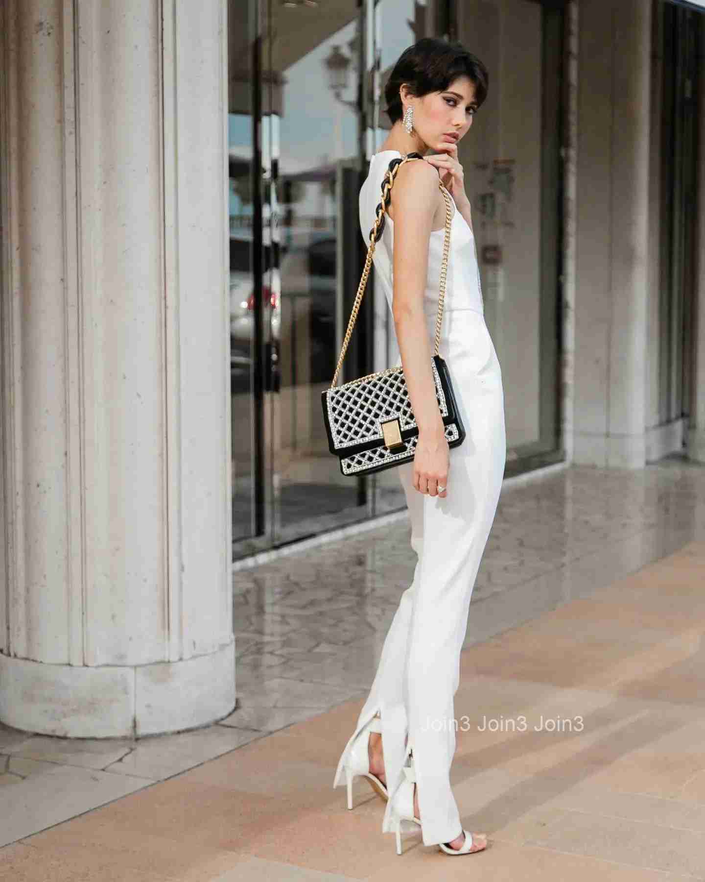 Elegant Womens Bandage Jumpsuits Club White Gauze Flash Drill Sleeveless Long Pants Lady Bodycon Pantsuits New Fashion 2025