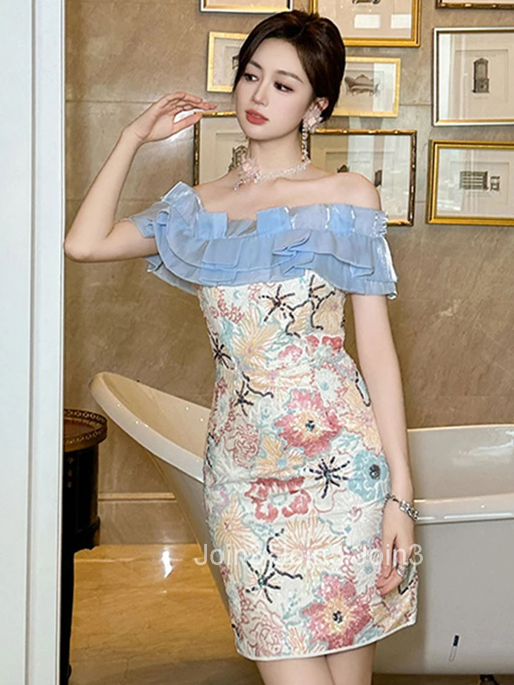 New Summer Sequin Evening Dress Women Clothes Elegant Luxury Sweet Sexy Off-Shoulder Slim Party Birthday Holiday Vestidos Fiesta