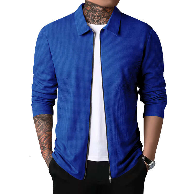 Cross-border Cardigan Men Autumn New Zipper Coat Casual Men's Long Sleeve Turn-down Collar Waffle Jacket