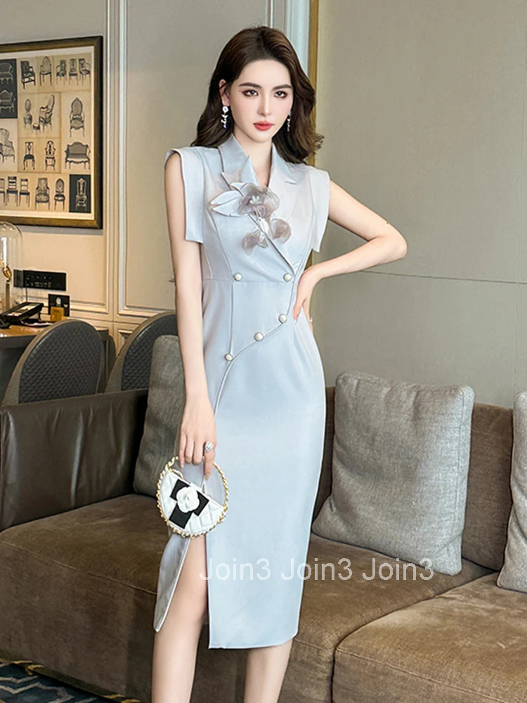 Summer Fashion Work Style Formal Occasion Dress Women Clothes Retro Elegant Office Commute Sleeveless Slit Slim Pencil Vestidos