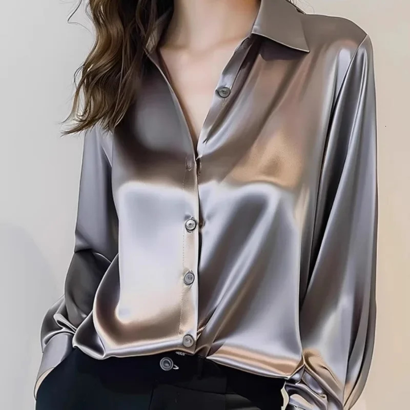 2025 High-end Gray Satin Shirt Blouse Women Style Satin Coat Lapel Red Womens Long Sleeve French Silk Professional Shirt 250617