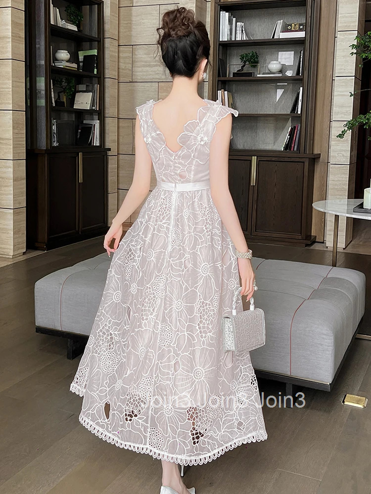 Summer Fashion Lace Floral Embroidery Vacation Evening Dress Women Clothes Elegant Tank Slim A-Line Maxi Robe Party Prom Vestido