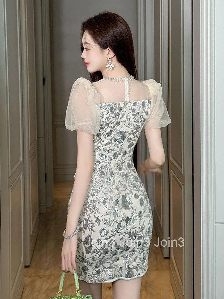 New Summer Retro Elegant Luxury Mesh Silver Sequin Evening Dress Women Clothes Sheer Sexy Short Sleeve Slim Party Prom Vestidos