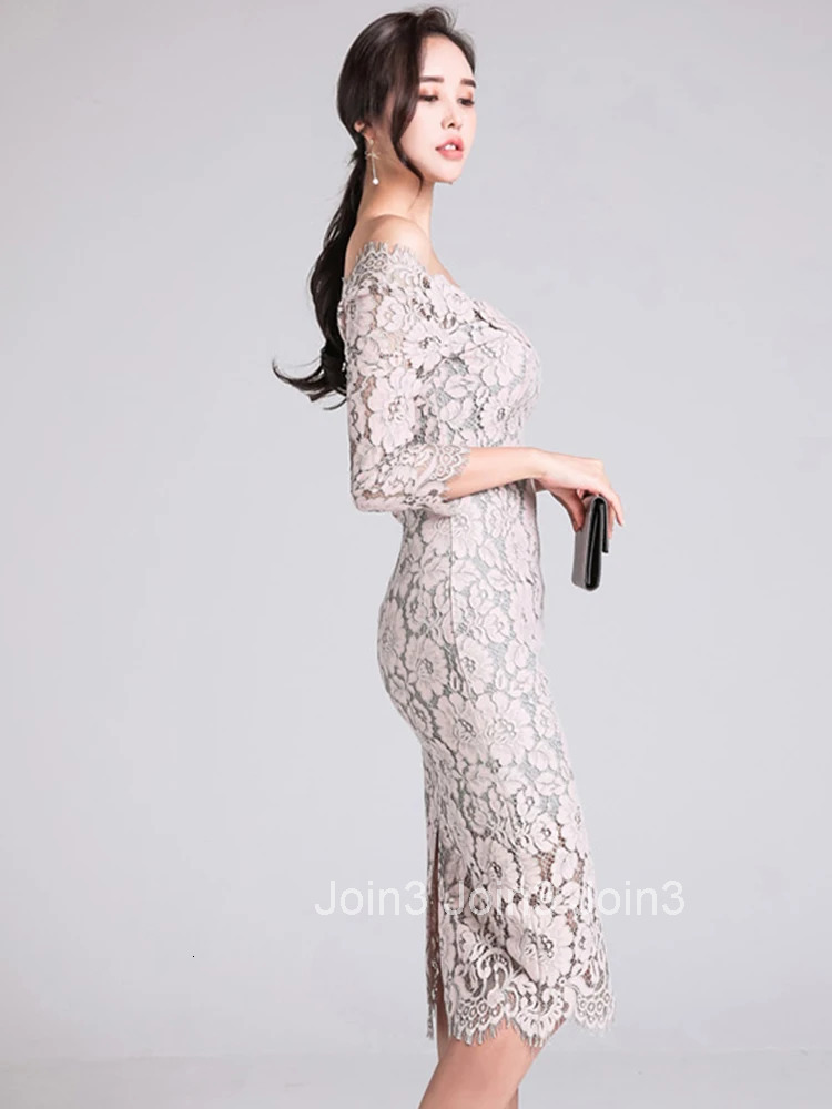 New Korean Fashion Ladies Lace Long Dress Women Mujer Elegant Chic Sexy Off-Shoulder Slim Midi Party Prom Vestido Street Clothes